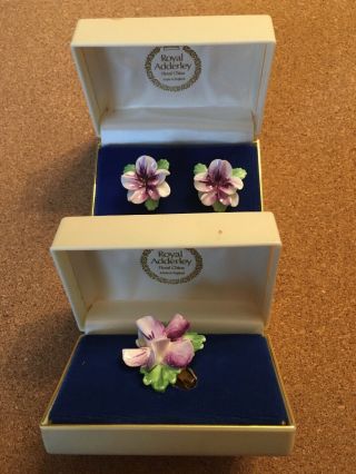 Royal Adderley Floral Pansy Bone China Brooch Pin Earrings Boxes Set