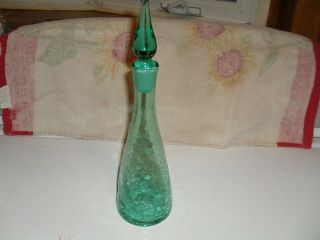 Vintage Light Green Crackle Glass Cruet With Clear Stopper,  10 " Tall,  Blown