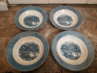 4 Royal Currier And Ives Blue Rim Soup Bowls 8 & 1/2 " Early Winter