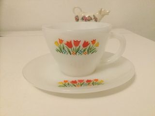 Vintage Fire King White Milk Glass Tulips Flowers Tea Cup And Saucer - Lnc