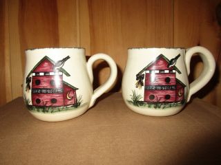 2 Vintage Home & Garden Party Stoneware Birdhouse Mugs 1999