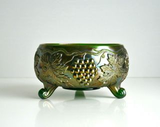 Vintage Carnival Glass Footed Bowl.  Grapes Vine.  Iridescent.  Scroll Feet.