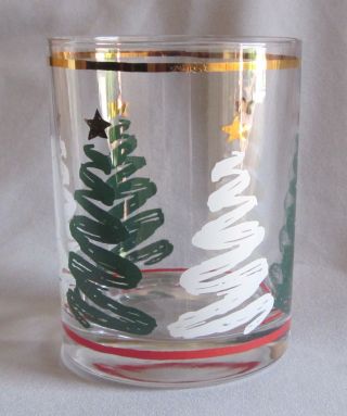 Double Old Fashioned Glass Tumbler Vintage Culver Green & White Christmas Trees
