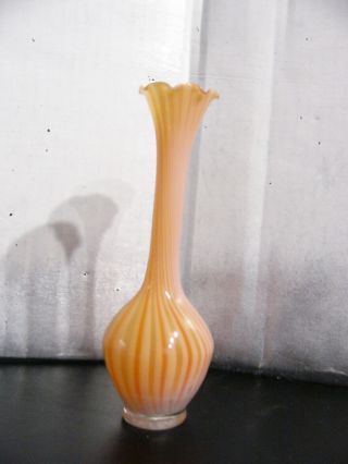 Hand Blown Art Glass Orange And White Cream Striped Ruffled Vase -