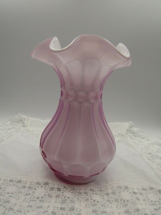 Vintage Fenton Glass Vase Scalloped White With Encased Pink Overlay 5 1/4 "