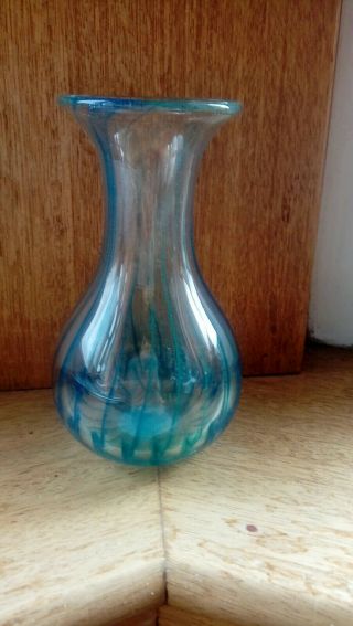 Adrian Sankey Studio Art Hand Blown Glass Blue And Green Swirl Vase 5.  5 Inch