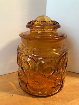 Vintage Le Smith Moon And Stars Amber Canister Jar W/lid 7 " Ground Lid