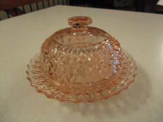 Holiday " Button And Bows " Pink Depression Glass Butter Dish & Lid Jeannette Glas
