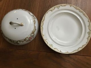 Antique Hand Painted Nippon Porcelain Pancake Warmer Plate W/ Lid Or Cheese Dish