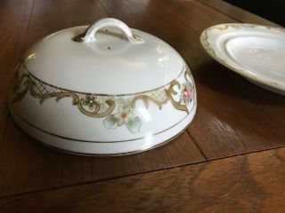 ANTIQUE HAND PAINTED NIPPON PORCELAIN PANCAKE WARMER PLATE w/ LID or CHEESE DISH 3
