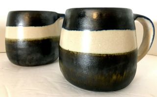 2 Chatham Potters Handmade Mugs Black Beige Blue 3.  5 " H Studio Pottery 10 Oz Euc