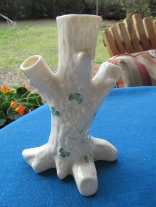 Belleek Shamrock Porcelain Triple Tree Trunk Bud Vase 6 1/2 " H Green Mark