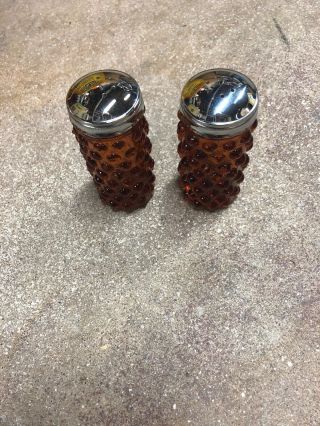 Vintage Fenton Brown Hobnail Glass Salt And Pepper Shakers With Gold Chrome Lids