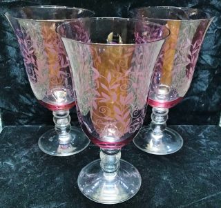 3 Lilac/clear Goblets Etched With Leaves And Vines