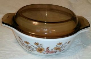 Vintage Pyrex England Casserole Dish Bowl With Lid Floral Fall Brown Orange