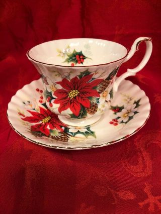 Vintage Royal Albert Poinsettia Tea Cup And Saucer,  Footed Cup,  Ridged Saucer