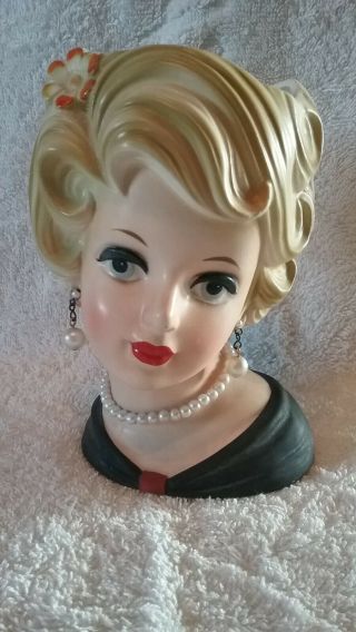 Inarco Japan Lady Head Vase 5 1/2 Inches - E5622 - With Pearl Earrings And Necklace