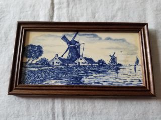 Vintage Delft Blue Hand Painted Holland Watermill Tile Framed Decor Wall Picture