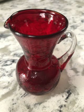 Estate Vintage Ruby Red Crackle Glass Mini Pitcher 3.  5” Unmarked Applied Handle