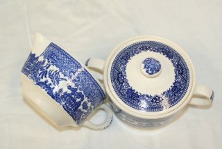 Vintage Blue Willow Covered Sugar Bowl And Creamer Stackable Unmarked