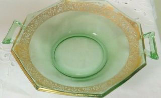 Vintage 7 " Green Depression Glass Serving Dish W/gold Trim Including Handles