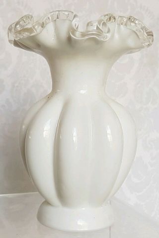 Vintage Fenton White Milk Glass Silver Crest Melon Vase With Double Crimped Edge
