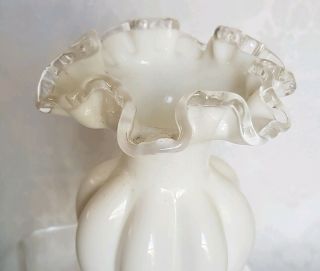 Vintage Fenton White Milk Glass Silver Crest Melon Vase with Double Crimped Edge 2