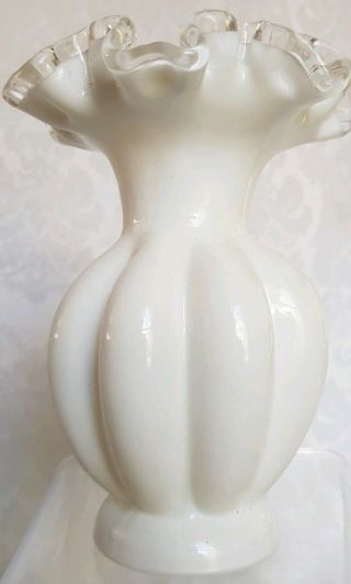Vintage Fenton White Milk Glass Silver Crest Melon Vase with Double Crimped Edge 3