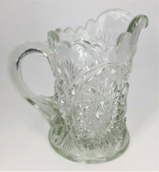 Vintage Clear Pressed Glass Creamer Pitcher Starburst Scalloped Edge 4.  5 " Tall