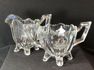 Antique Clear Cut American Brilliant? Creamer & Sugar Etched Flowers Footed
