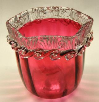 Antique Squat Cranberry Glass Vase W/ Applied Clear Rigaree Decoration - Perfect