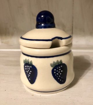 Boleslawiec Pottery Blue Strawberries Sugar/ Jam Covered Jar/bowl Container &lid