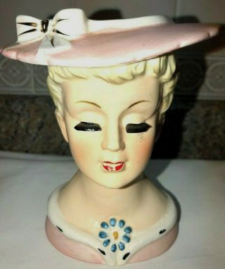 Vintage Lady Head Vase 5 " Large Napco A5120 Pink Hat Eyelashes Blonde Hair