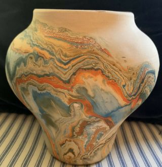 Nemadji Pottery Vase Usa Orange And Green Marble Swirls 6” High Signed