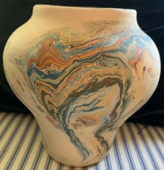 NEMADJI Pottery Vase USA Orange And Green Marble Swirls 6” High Signed 2