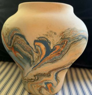 NEMADJI Pottery Vase USA Orange And Green Marble Swirls 6” High Signed 3
