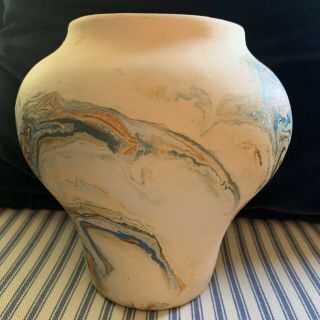 NEMADJI Pottery Vase USA Orange And Green Marble Swirls 6” High Signed 4