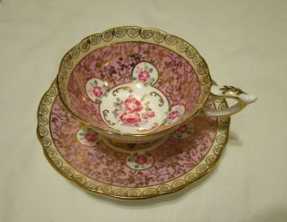 Royal Stafford Tea Cup And Saucer Cabbage Rose Pink Gold Gilt Wide Rim Footed