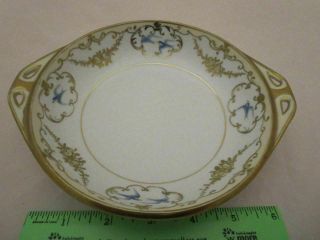 Antique Hand Painted Nippon Handled Bowl Bluebirds And Gold Enamel Lacy Work