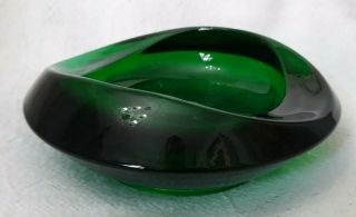 Vintage Emerald Green Heavy Glass Ashtray Unusual Eliptical Shape