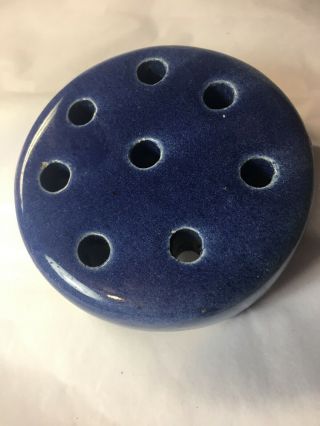 Vtg Weller Pottery Flower Frog High Gloss Dark Blue 8 Holes Signed 3 1/4 " Footed