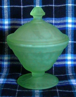 Frosted Green Satin Block Optic Depression Glass Stemmed Candy Dish & Lid
