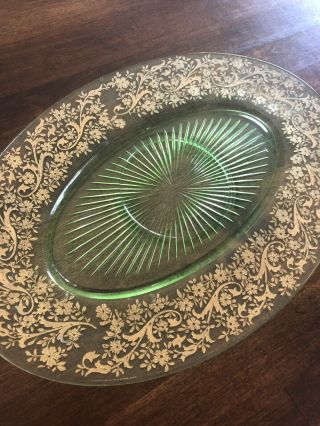 Vtg Green Depression Glass Oval Serving Platter With Gold Trim