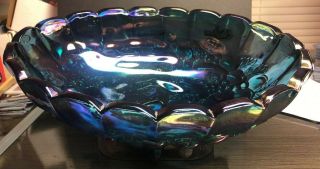 Vintage Indiana Iridescent Blue Carnival Glass 4 Footed Centerpiece/fruit Bowl