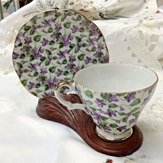 Lefton Violet Chintz Footed Cup & Saucer Gold Trim Scallop Edge Discontinued