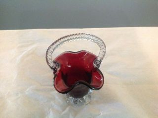 Vintage Hand Blown Cranberry Glass Basket W/ Applied Handle About 5.  5 " Tall