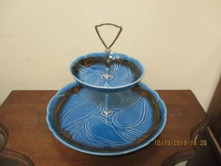 Vintage Maurice Of California Pottery 2 - Tier Tidbit Trayturquoise Blue & Brown