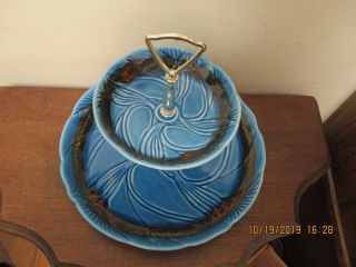 Vintage Maurice Of California Pottery 2 - Tier Tidbit TrayTurquoise Blue & Brown 2