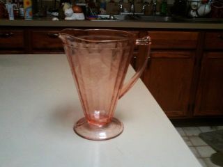 Vintage Pink Floral Poinsettia Depression Glass Cone Shape Pitcher 8 " Tall