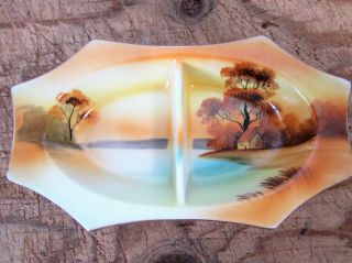 Vintage Noritake Red Seal Divided Relish Dish " Tree In The Meadow " Handpainted